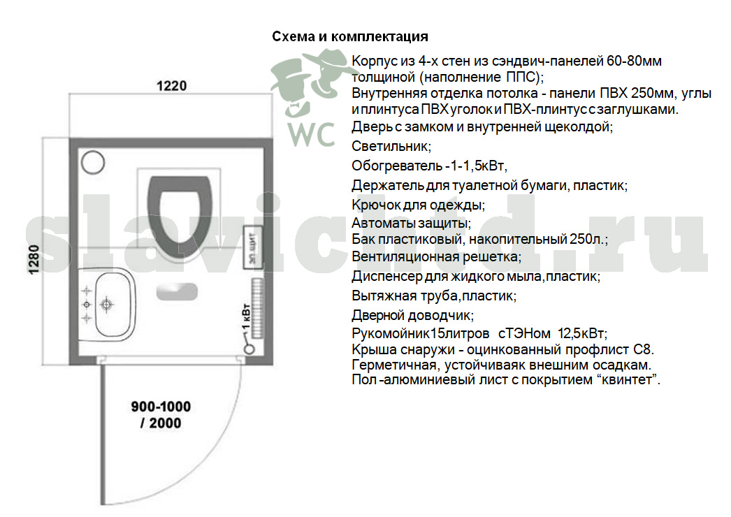 картинка Теплая туалетная кабина, автономная "ТТК-1280x1220x2300" от интернет-магазина туалетов, душевых и биотуалетов Slavichtd.RU